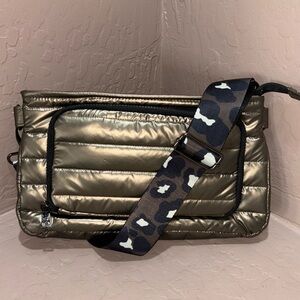 THINK ROYLN Metallic Olive Quilted Crossbody with Camouflage Leopard Strap